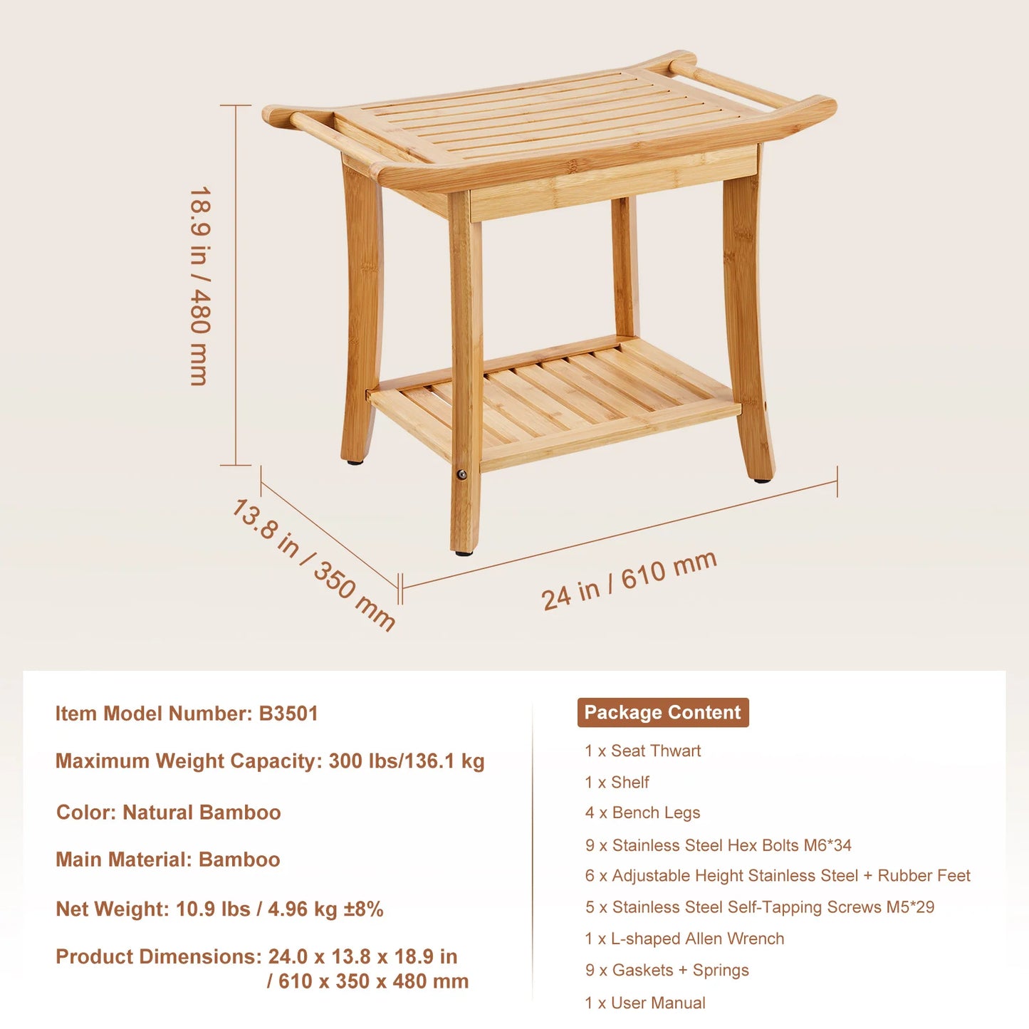 SucceBuy Bamboo Shower Bench With Storage Shelf 330 Lbs Capacity