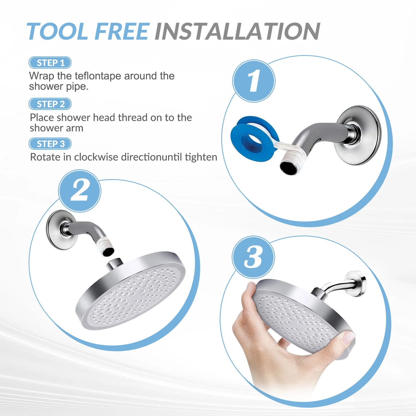 Stainless Steel 6 Inch Rain Shower Head Wall Mount Adjustable High Pressure