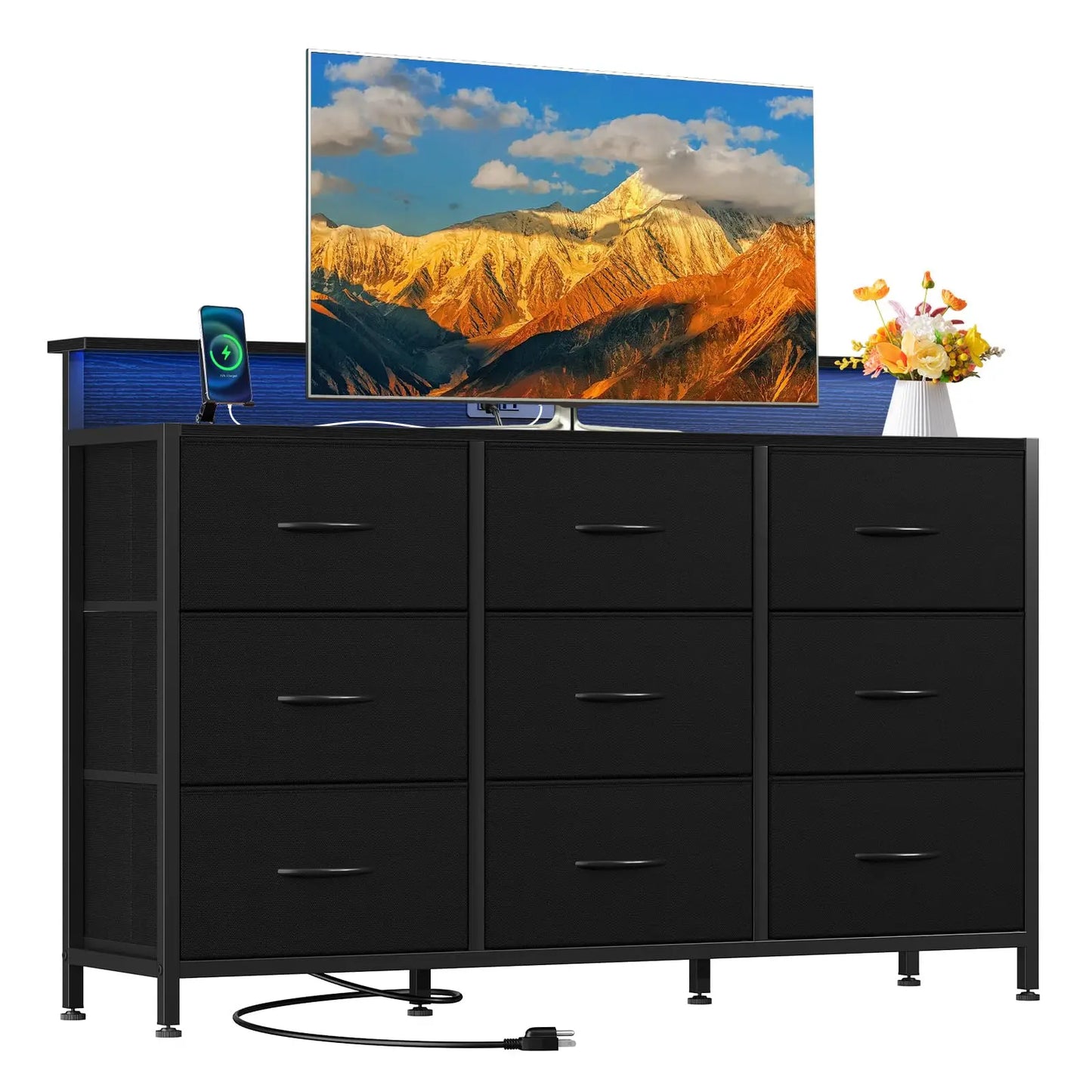 JHK TV Stand Dresser With Fabric Drawers Wood Top Console
