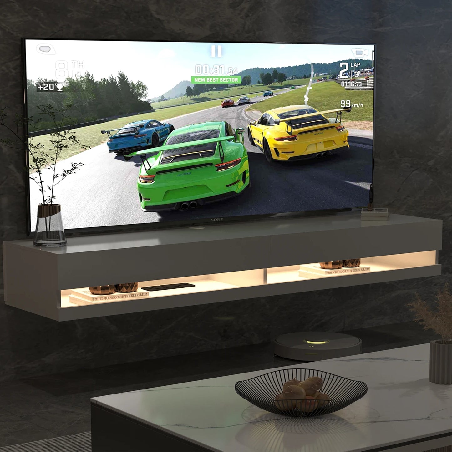 QiaoShiRen Floating TV Stand With Wall Mount And Power Outlets