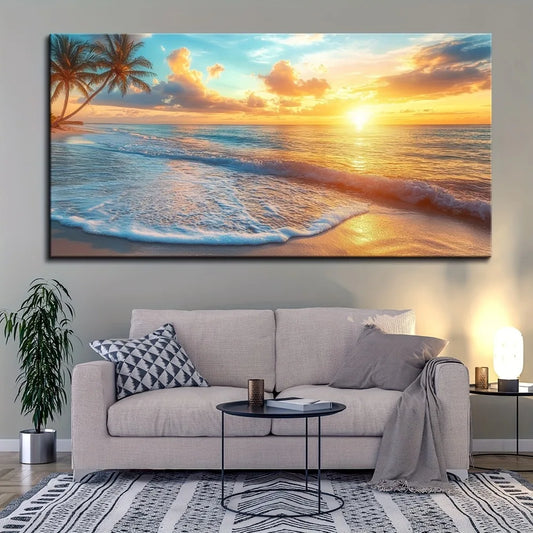 Natural Ocean Sunset Canvas Wall Art In Pine Frame