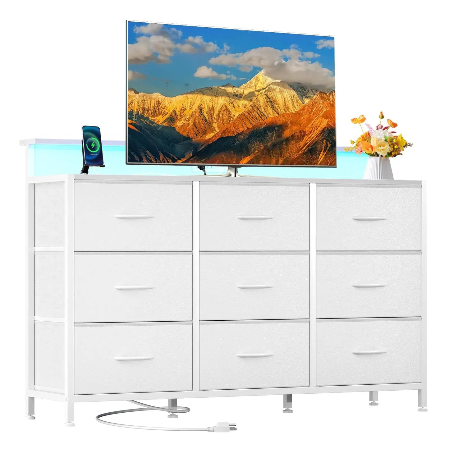 JHK TV Stand Dresser With Fabric Drawers Wood Top Console