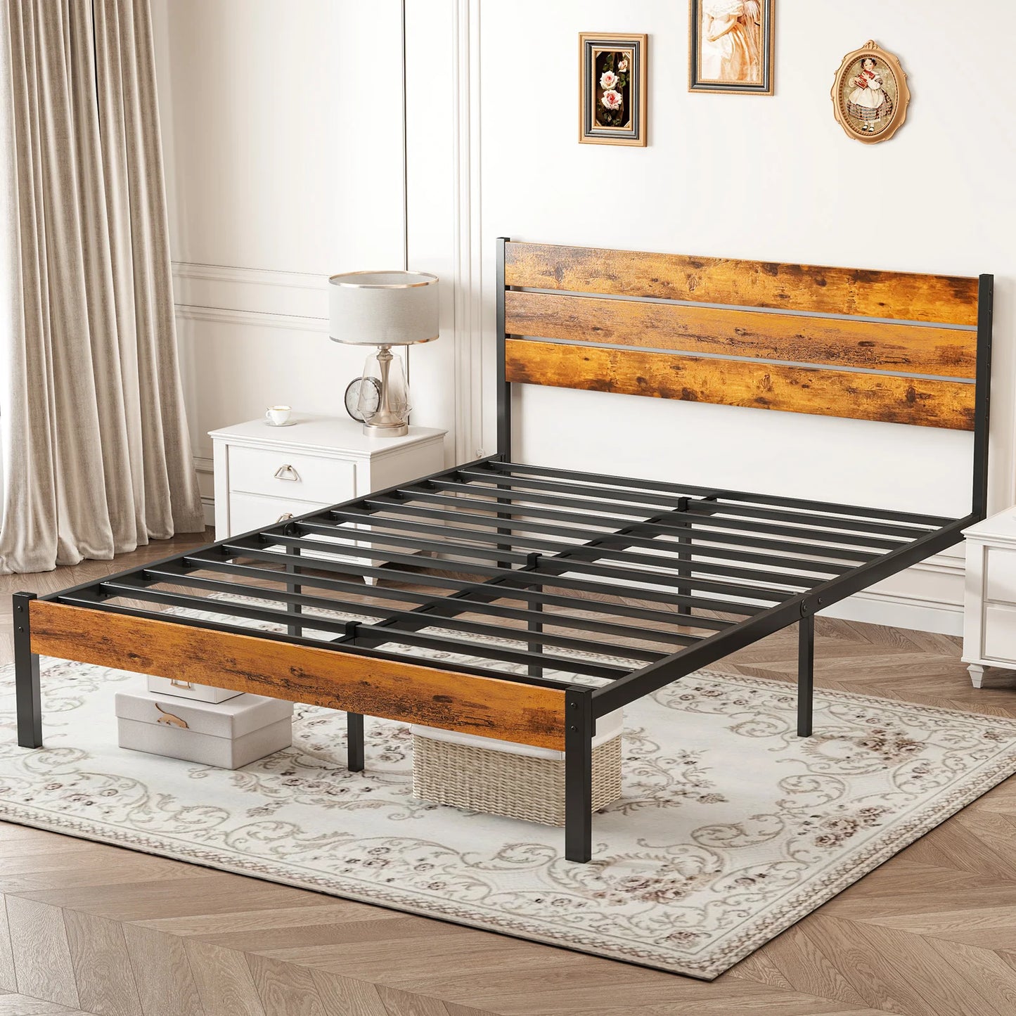 MCQ Wooden Headboard And Metal Bed Frame With Sturdy Slats