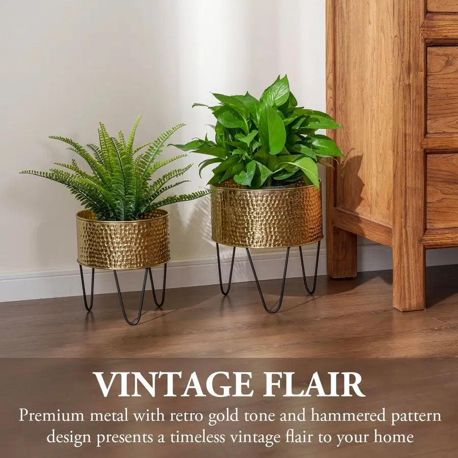 Hammered Metal Planter Pots With Matte Black Wire Stands Two Piece Set