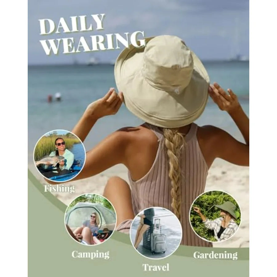 Sun Hat Women Wide Brim Gardening Ponytail Breathable Cotton