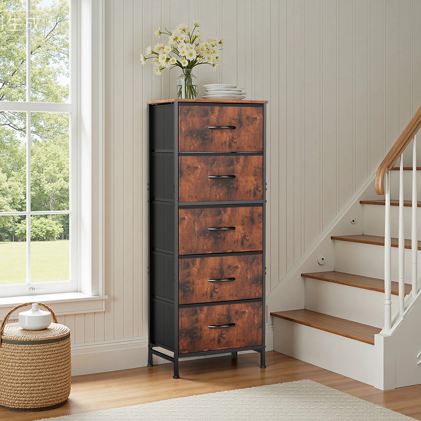 JHK 5 Drawer Dresser With Steel Frame For Bedroom Wardrobe