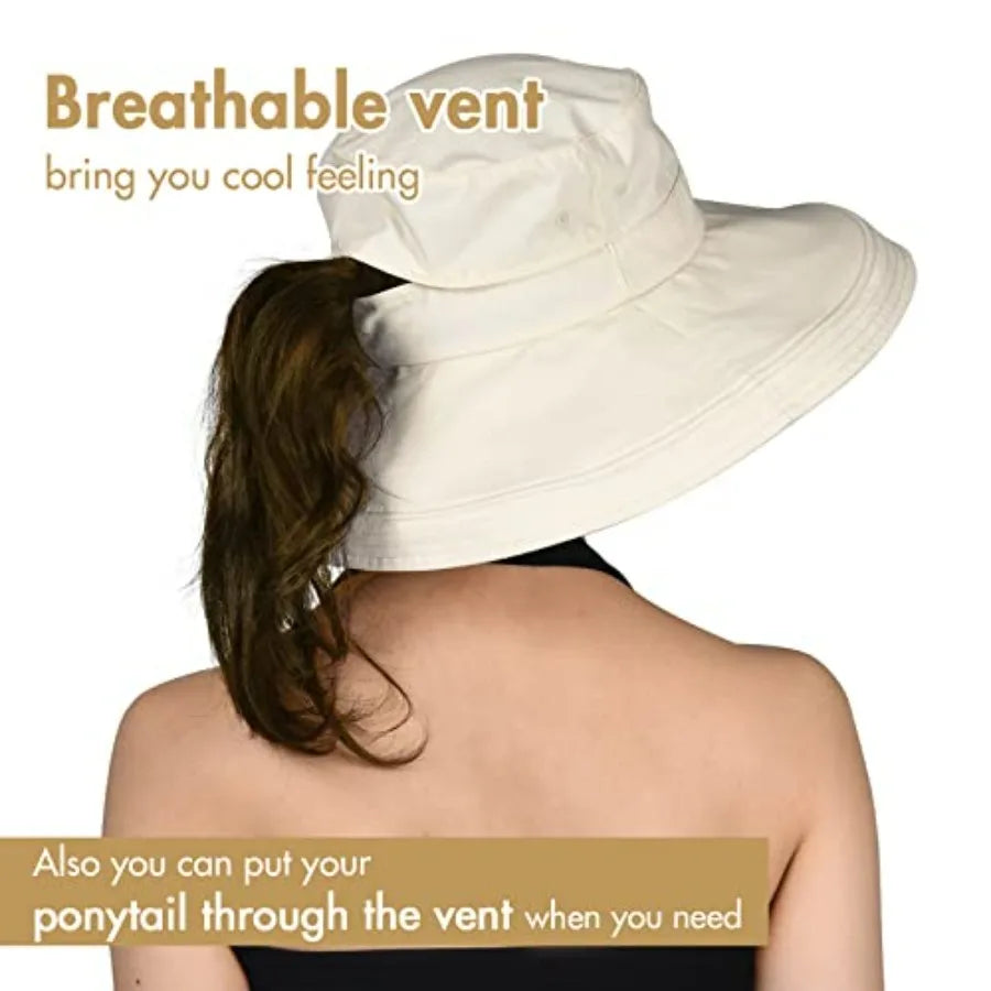 Sun Hat Women Wide Brim Gardening Ponytail Breathable Cotton