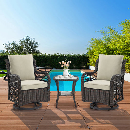 HobbyLane 3 Piece Outdoor Wicker Swivel Chair Set With Rattan Side Table