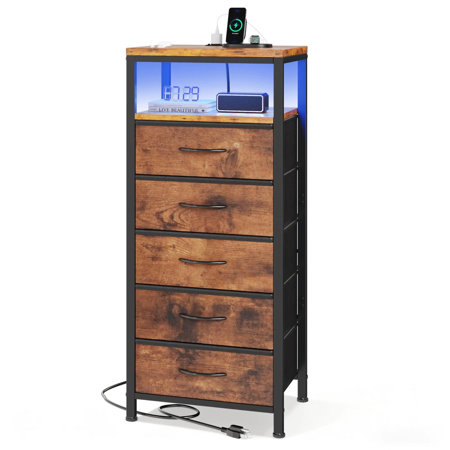 JHK 5-Drawer Dresser Nightstand With Charging Station
