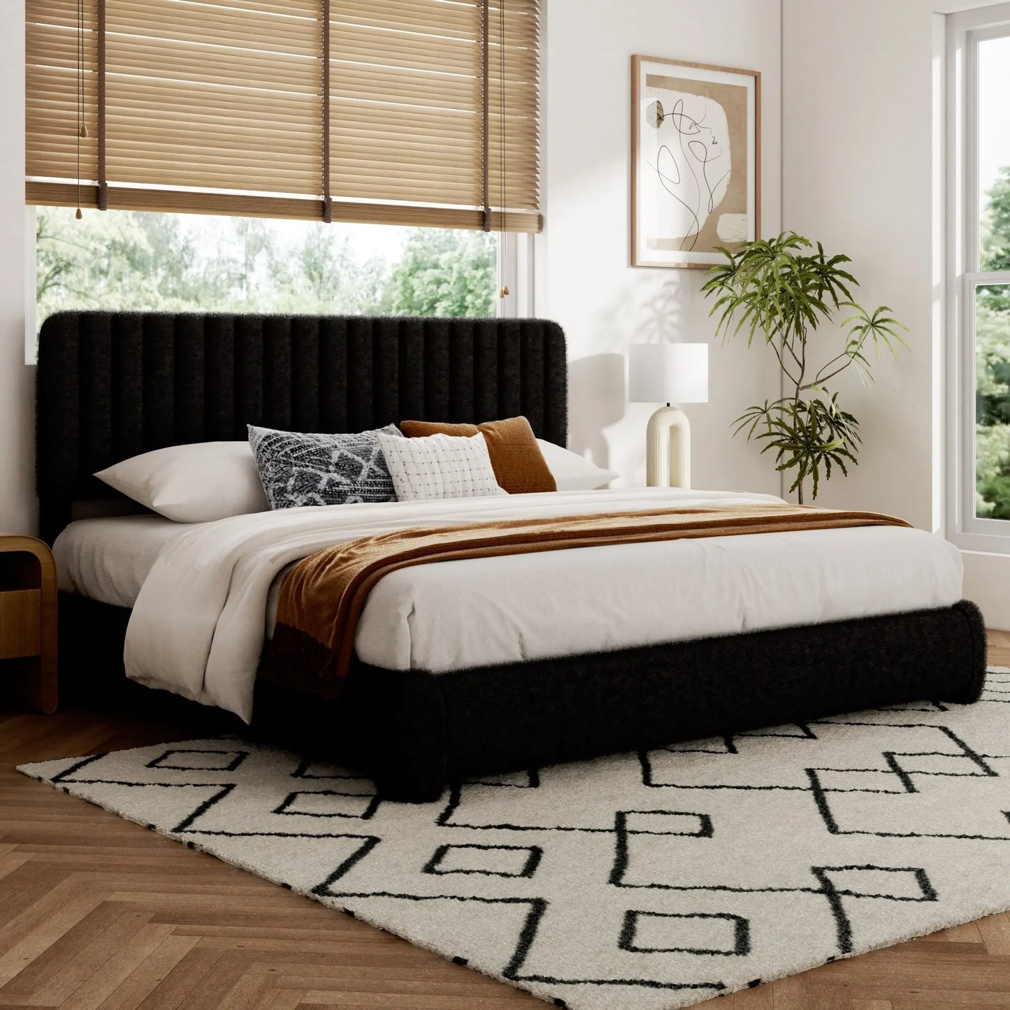 Boucle Upholstered Bed Frame With Adjustable Headboard Platform Bed