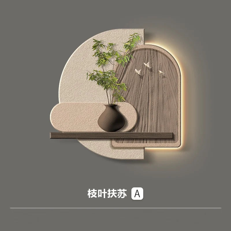 Wabi-Sabi LED Wall Lamp With Wooden Finish And Plant Motif
