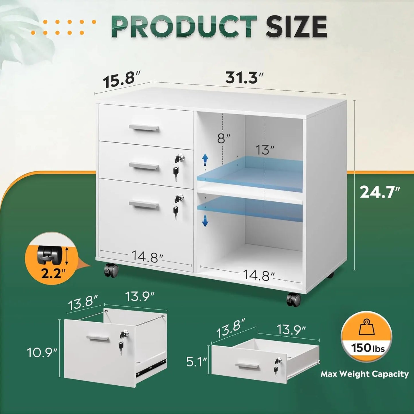 Multifunctional 3-Drawer File Cabinet With Lock And Rollers