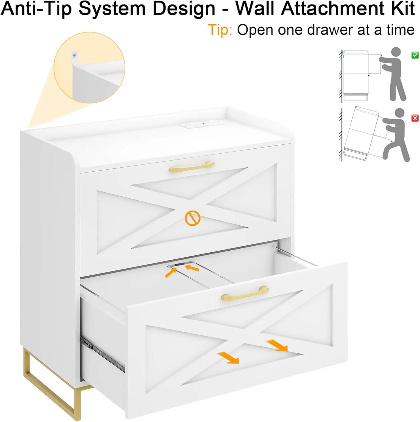 2-Drawer Lateral File Cabinet With Charging Station For Office Files