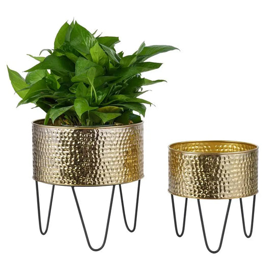 Hammered Metal Planter Pots With Matte Black Wire Stands Two Piece Set