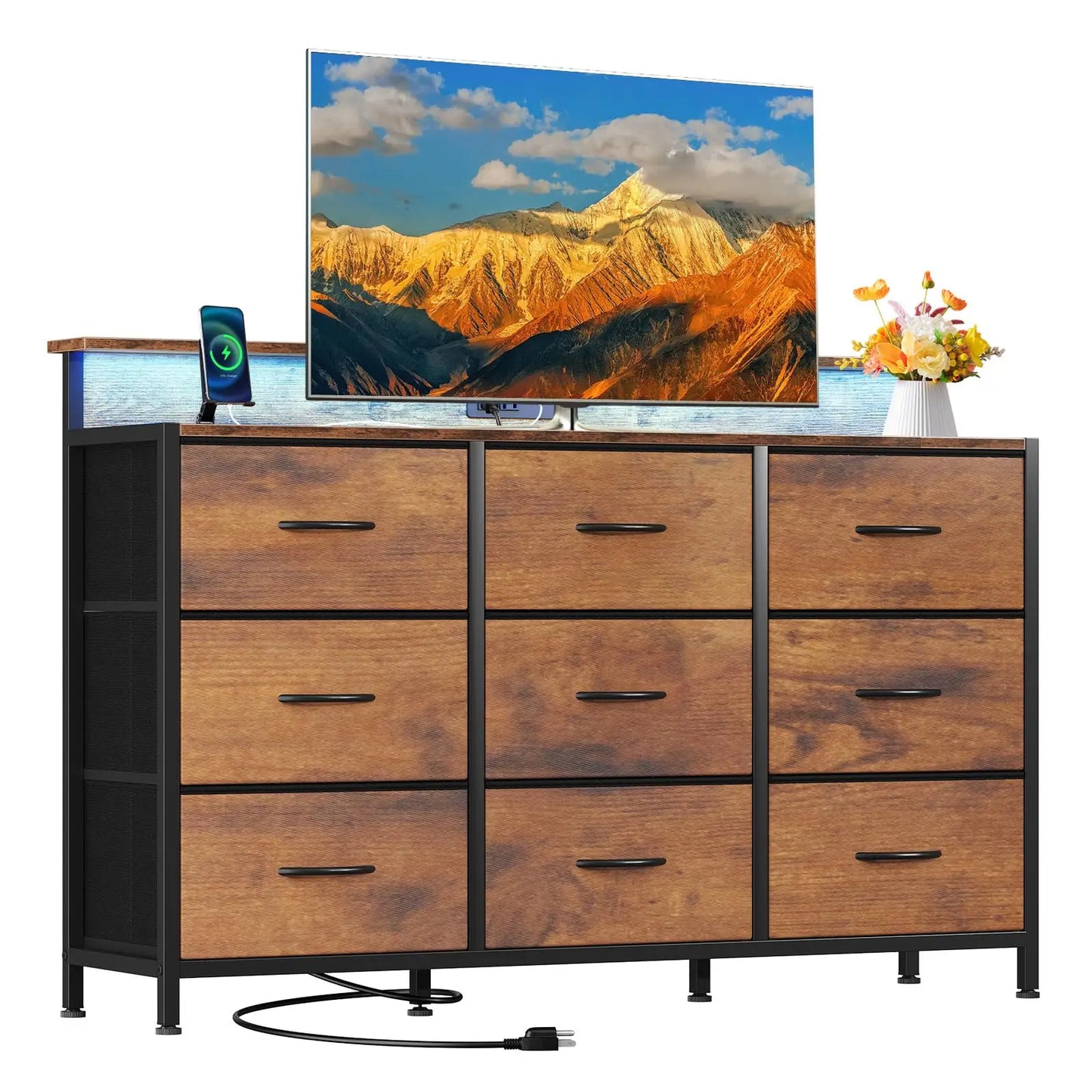 JHK TV Stand Dresser With Fabric Drawers Wood Top Console