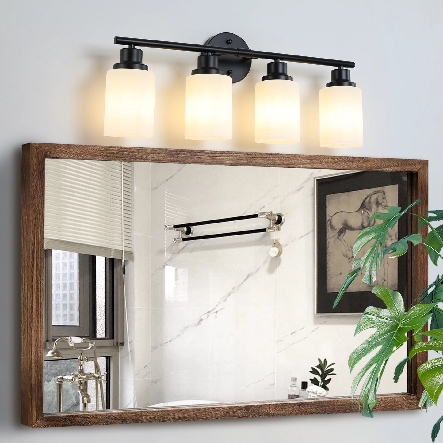 Modern 4/5/6 Lights Vanity Bathroom Mirror Light, Frosted White Glass Lampshades with Black Iron Frame, Contemporary Wall Sconce