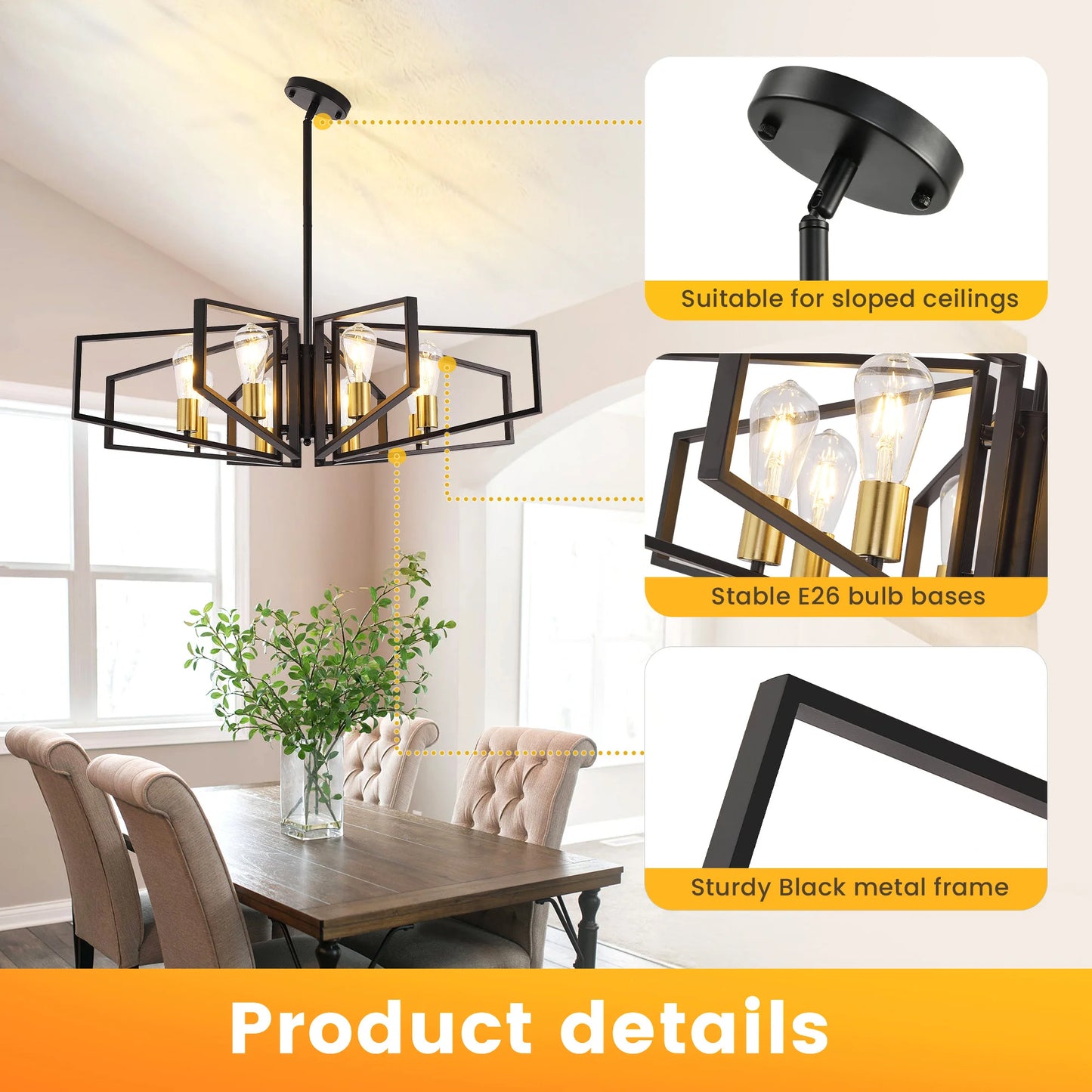 Geometric Eight Lamp Chandelier With Adjustable Height Pendant Light