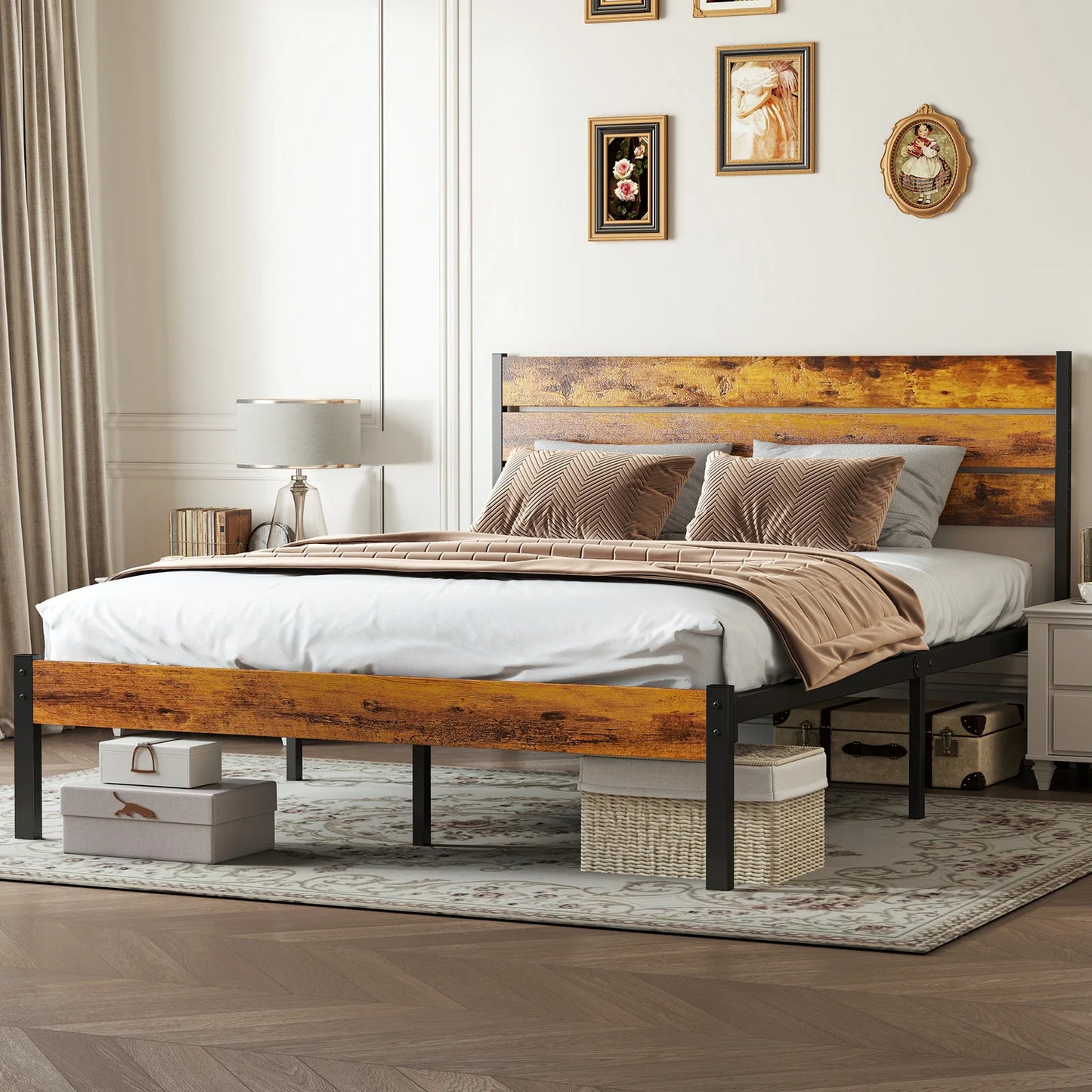 MCQ Wooden Headboard And Metal Bed Frame With Sturdy Slats