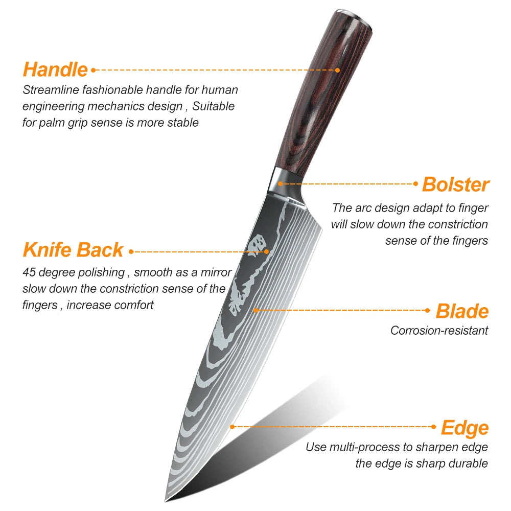 MDHAND 8 Piece Chef Knife Set Stainless Steel Damascus Pattern