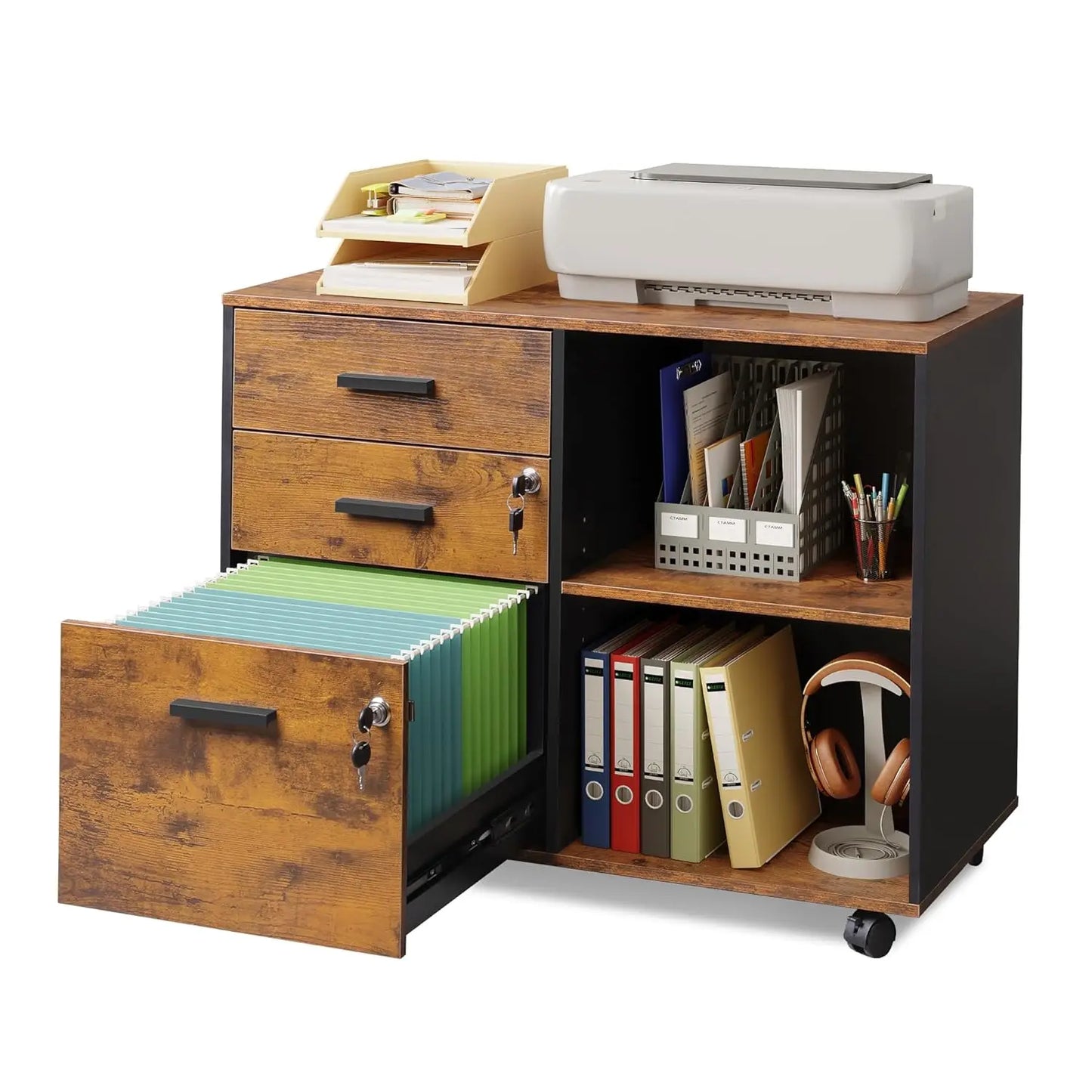 Multifunctional 3-Drawer File Cabinet With Lock And Rollers