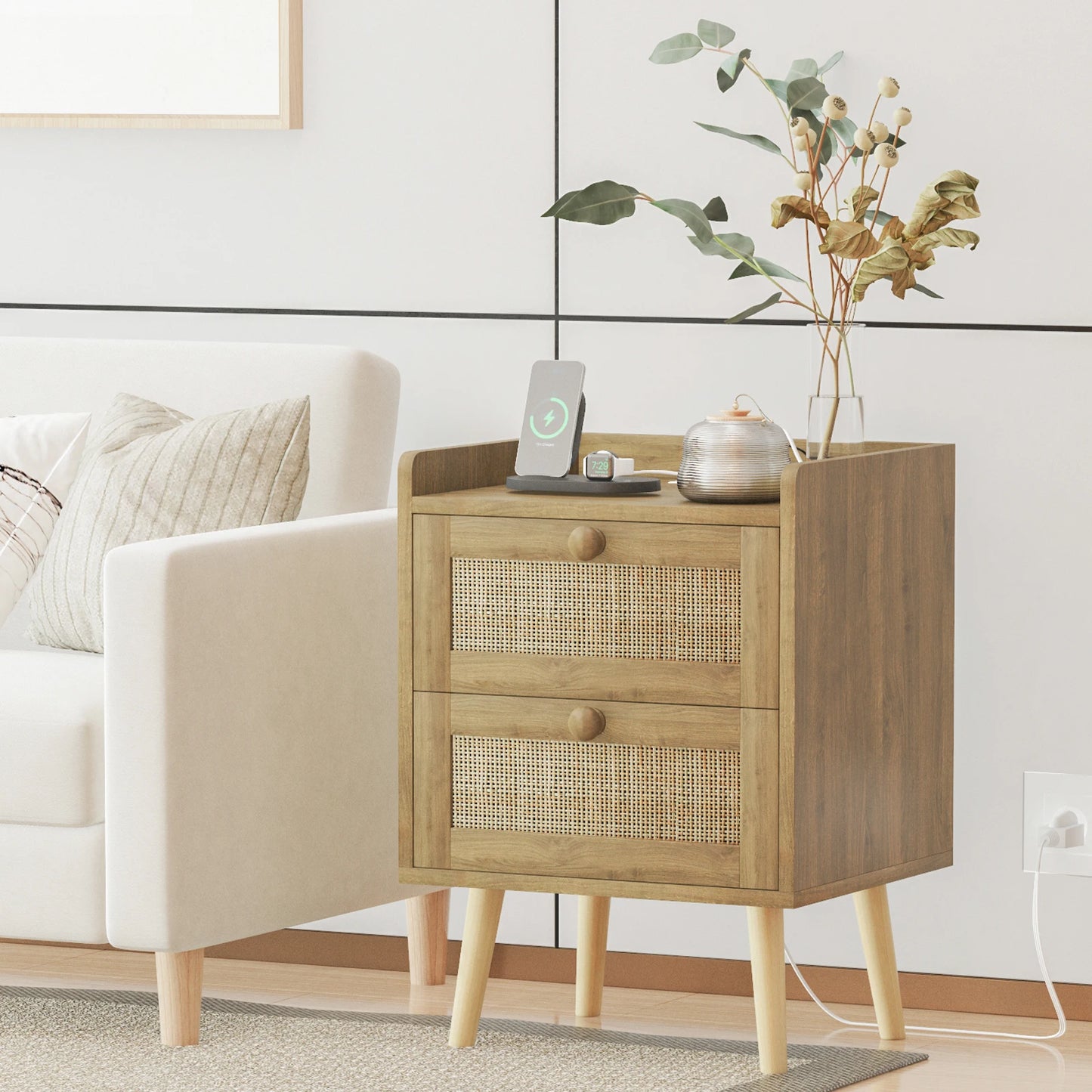 Rattan Nightstand With Charging Station Rustic Bedside Table With 2 Drawers